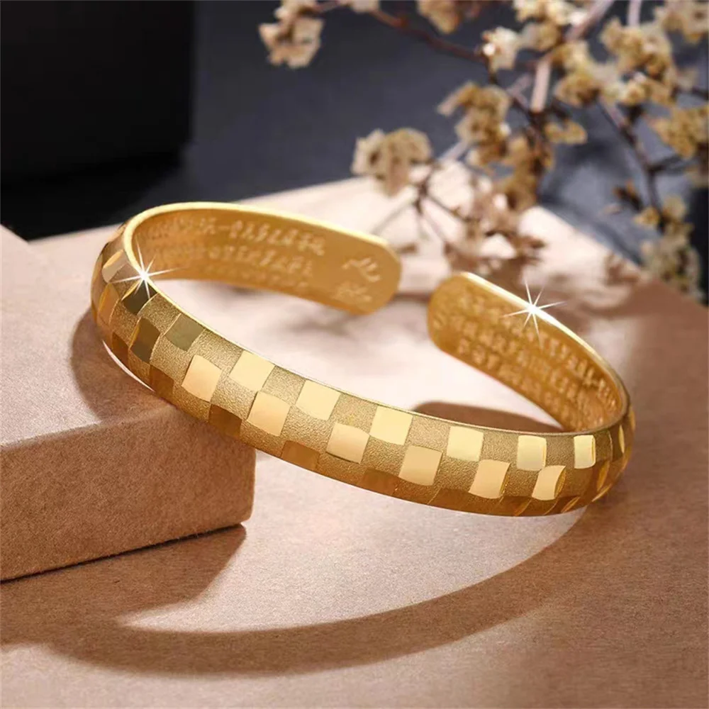 OUYADI 14K Gold Plated Stainless Steel Checkerboard Open Bangle For Men Women, Luxury Shiny Adjustable Unisex Jewelry Gift