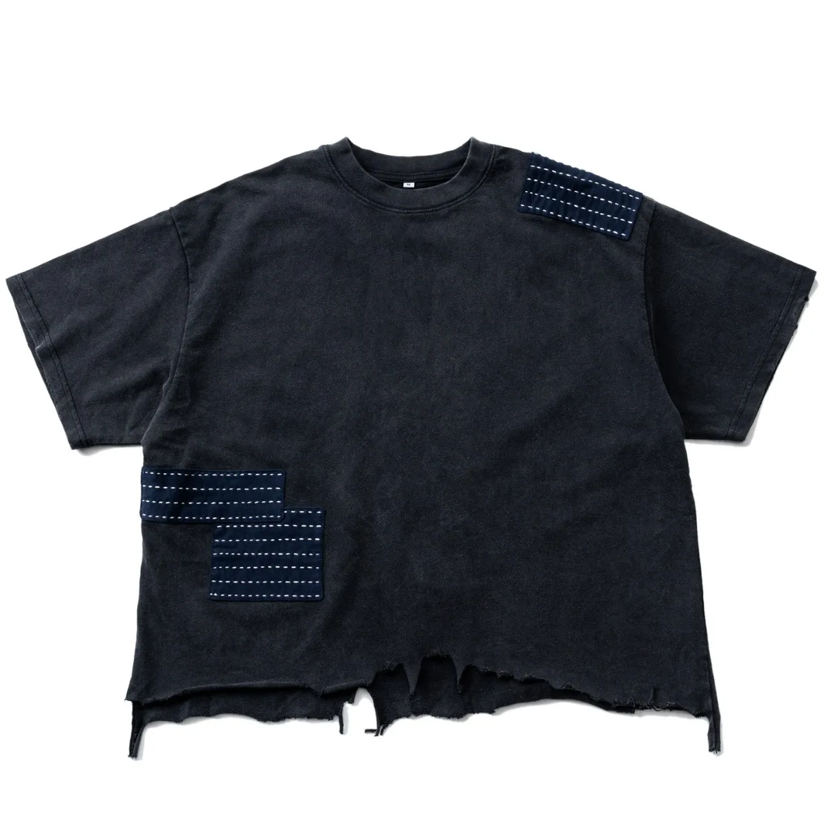 

Indigo Patchwork Patch Loose Shoulder Sleeve Short Sleeved Tees Men's Trendy Casual T-shirt