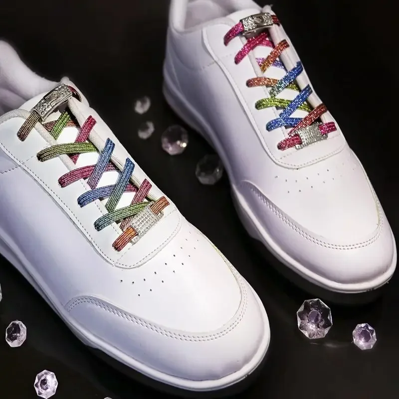 1 Paar elastische Schnürsenkel ohne Binden, glitzernde Diamant-Kreuzverschlüsse, Schnürsenkel-Charms für Damen-Sneaker, luxuriöse, elegante Schnürsenkel mit Metallschnalle – Detail 5