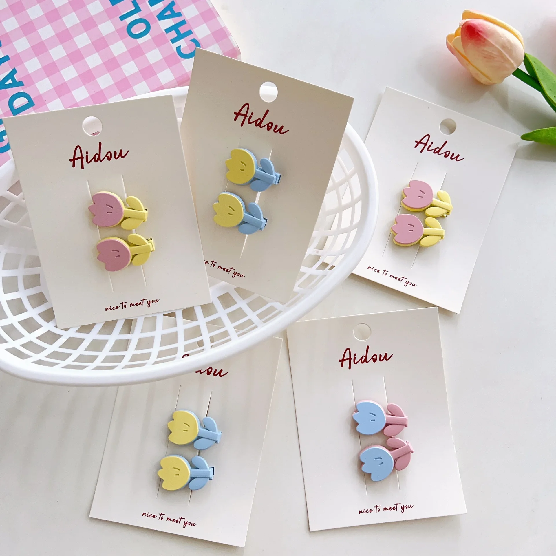 2 uds dulce tulipán Clip de pelo estilo holandés Mini Clip de presión agarre de pelo de bebé pasador de templo lateral adorno Floral Pastel para el cabello niñas