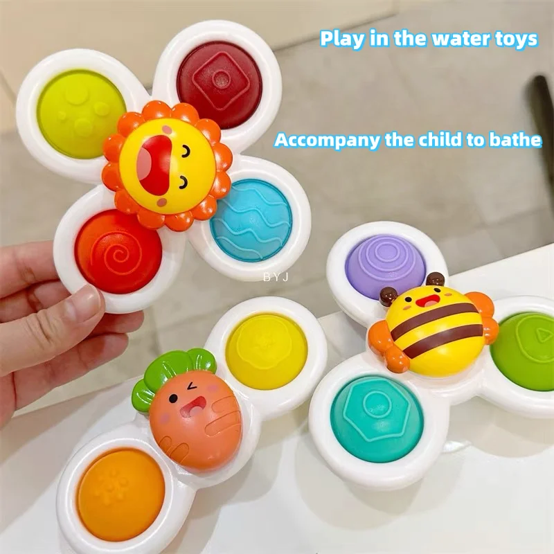 3Pcs Novelty Fidget Suction Cup Spinner Toy For Baby Cartoon Insect Rotating Rattle Educational Baby Games Bath Toys For Childre