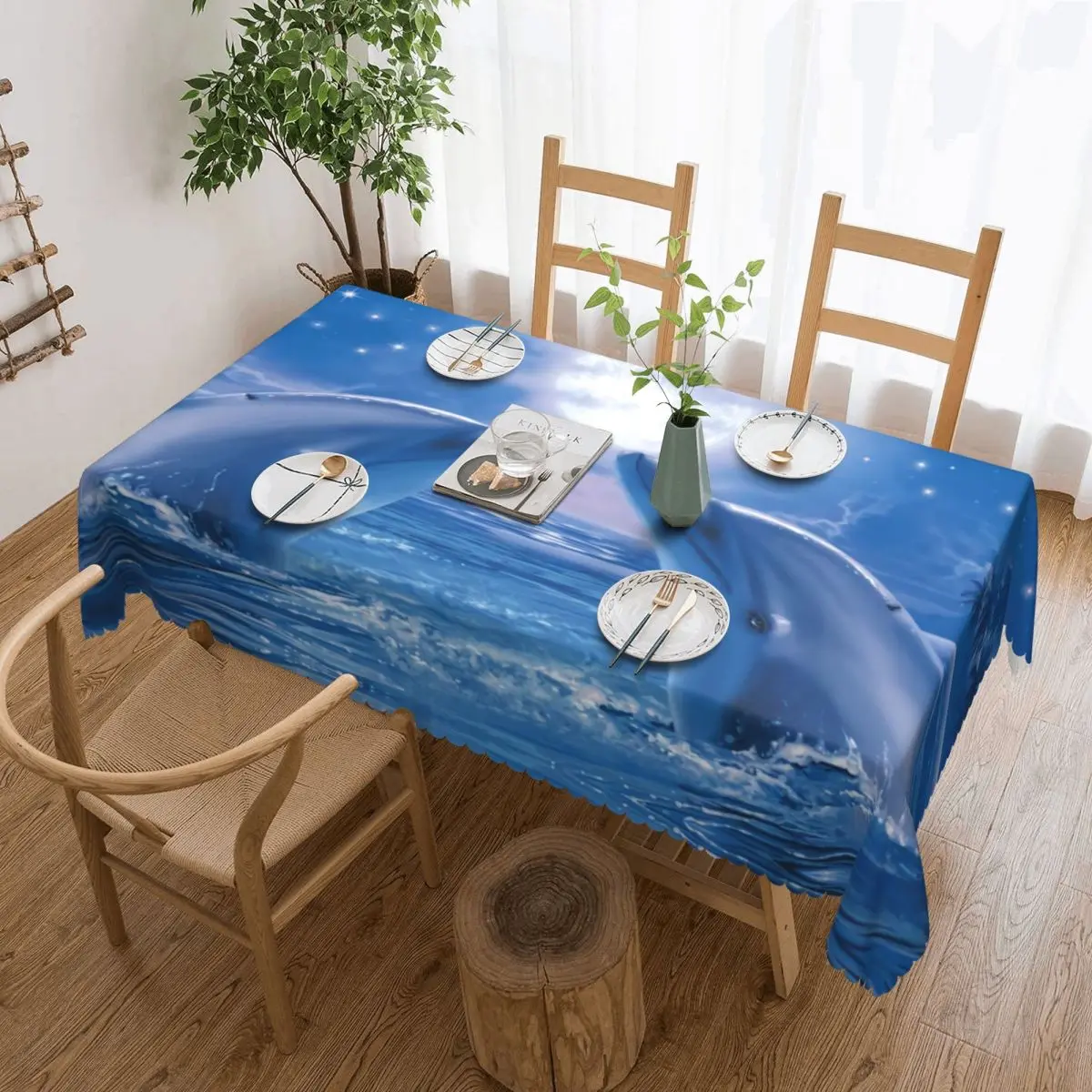 Cute Dolphins Kiss Rectangular Tablecloth Waterproof Table Cloth Sea Creature Ocean Animal Table Covers