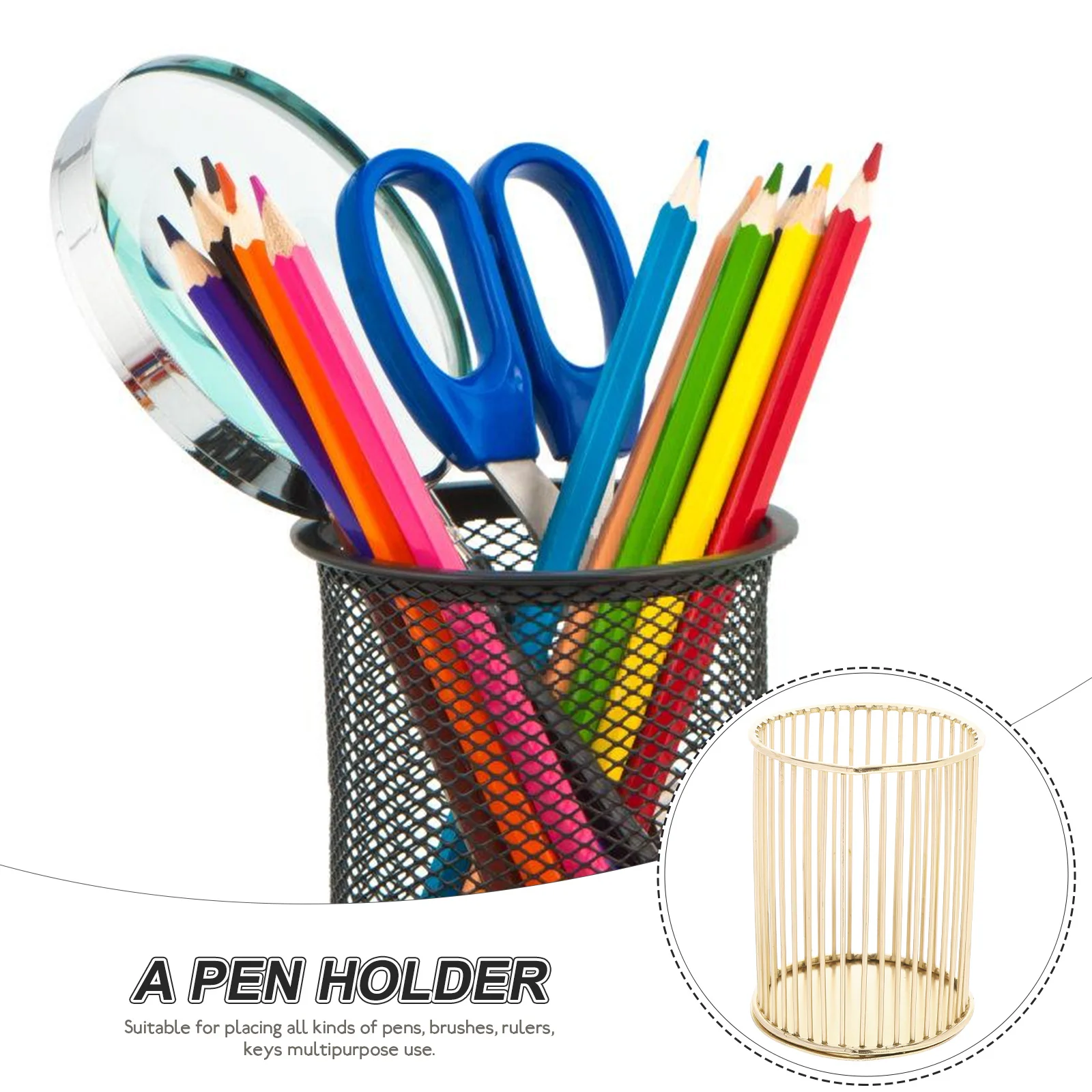 

Gold Plated Pen Holder Iron Material Smooth No Burrs Multi-Use Desk Organizer For Office School Home Pencil Cup Storage