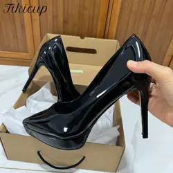 Tikicup Women Glossy Pointed Toe Platform High Heels Elegant Ladies Stiletto Pumps Wedding Designer Dress Shoes Plus Size46