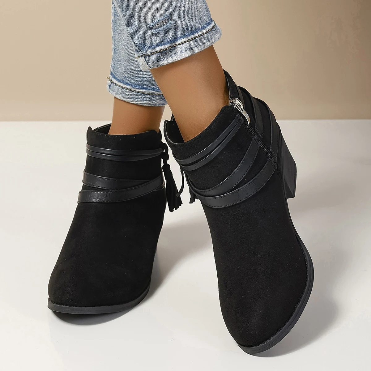 Botines de mujer, tacones altos, tacón cuadrado, volantes para mujer, botas de princesa para niños, botas de nieve, zapatos aterciopelados dulces de moda cálidos