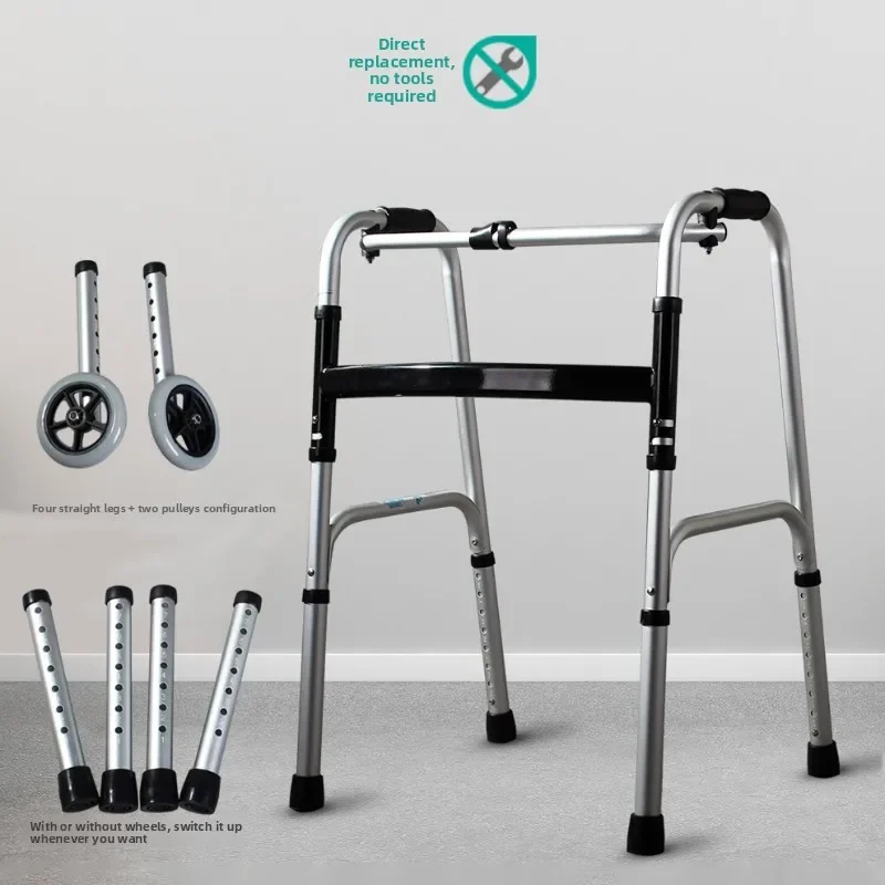 

Exquisite Multi-functional Solid Aluminum Alloy Walker Crutch With Wheel With Seat Cushion Auxiliary Walker Rack Foldable