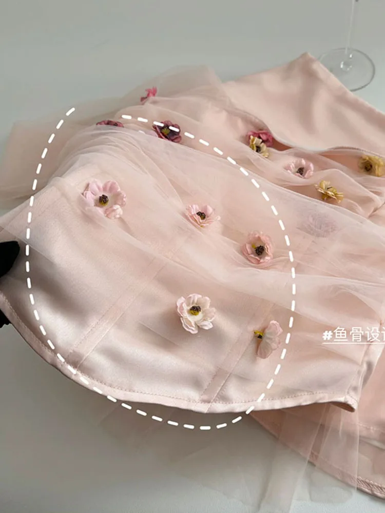 High Quality Luxury Outfits 2 Piece Skirt Set Pink 3D Flower Tube Top Sweet + A-Line Skirt Office Lady Party Prom Autumn Winter