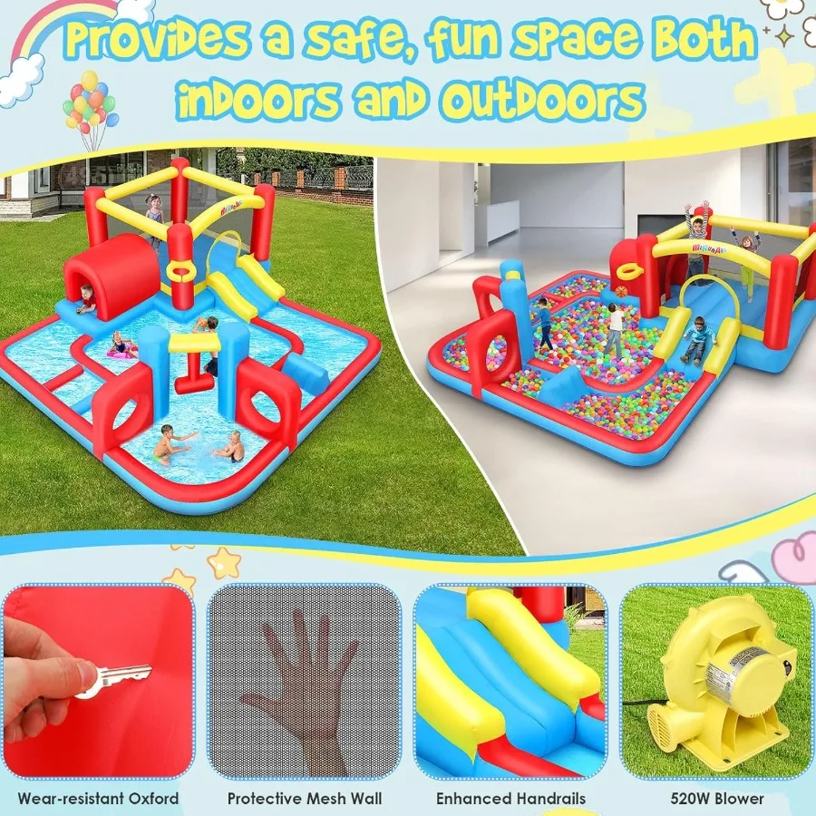 Opblaasbaar springhuis voor kinderen, 10-in-1 waterglijbaan achtertuin met ventilator, waterpark met waterkanonnen, basketbalring, tunne
