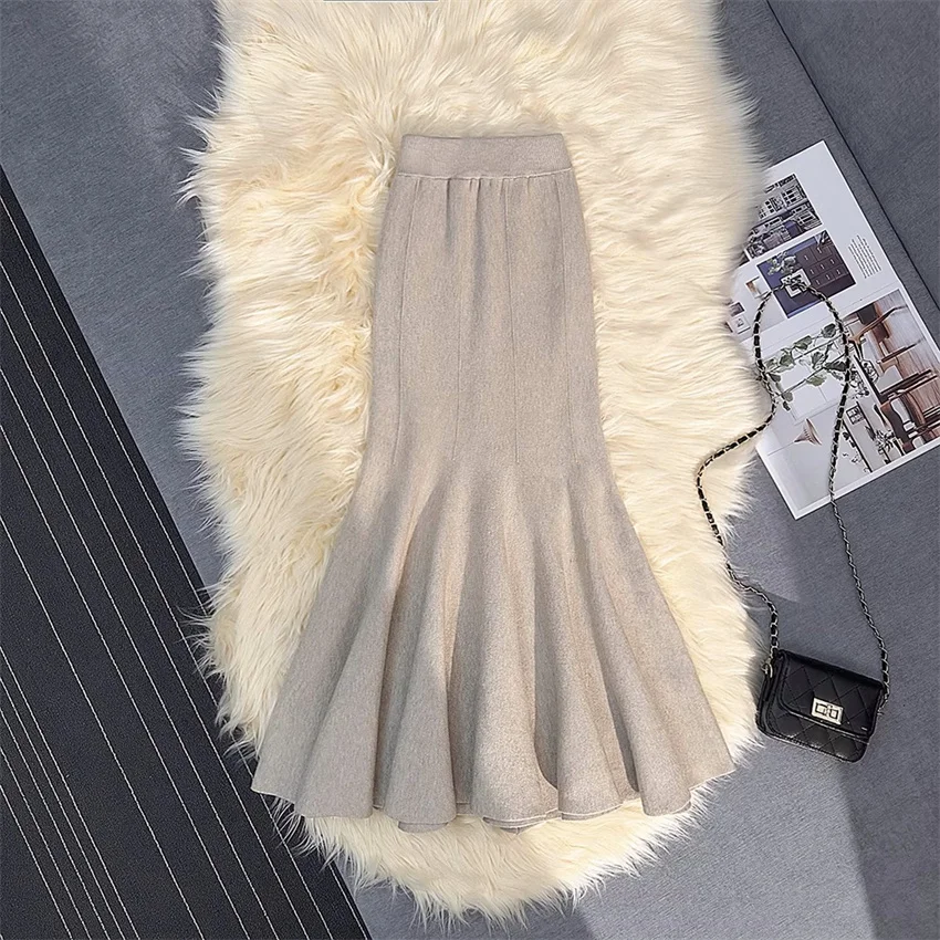 Gowyimmes Autumn Winter Women Solid Mermaid Skirt Elegant Lady High Waist A-line Knitted Skirts Slim Midi Long Bottomings PD1829