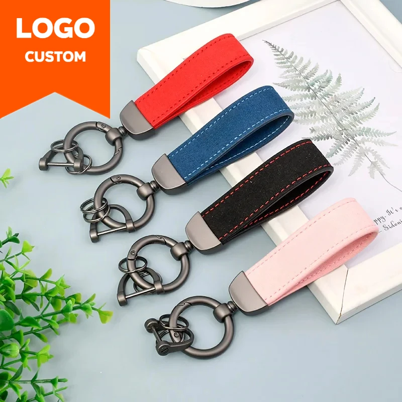 

Laser Custom LOGO Suede Leather Keychain for Men and Women Engrave Vintage Car Key Chains Ring Personalize Company Name Keyring