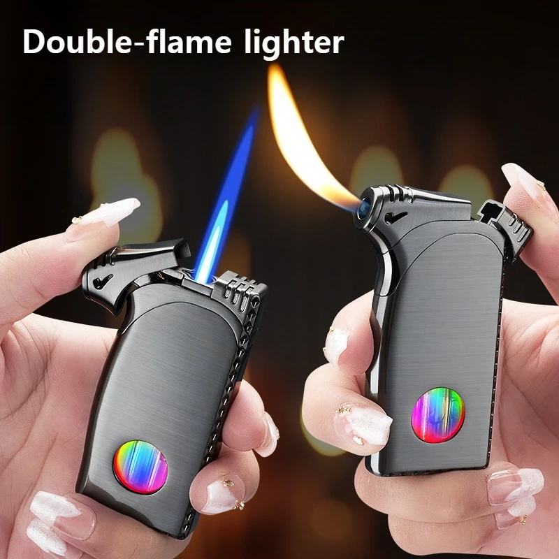 

Dual Flame Lighter,Windproof Jet Blue Flame+Soft Flame,Refillable Butane Lighter with LED Colorful Gas Window,Cool Gift for Men