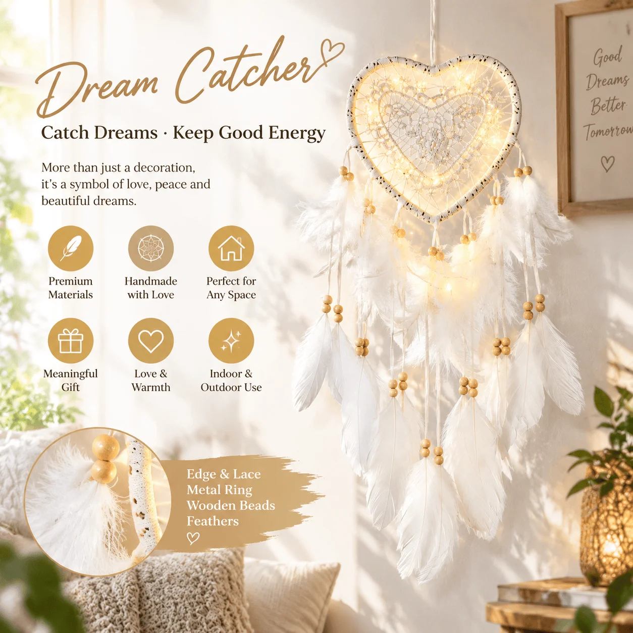 Heart Shaped Dreamcatcher with Colorful LED Lights Hollow Out Creative Design Home Decor Hanging Ornament Light Up Decoration for Bedroom Living Room Party Wedding Event Bright Colorful Glow Handmade Boho Style Wall Window Decoration Romantic Ambiance