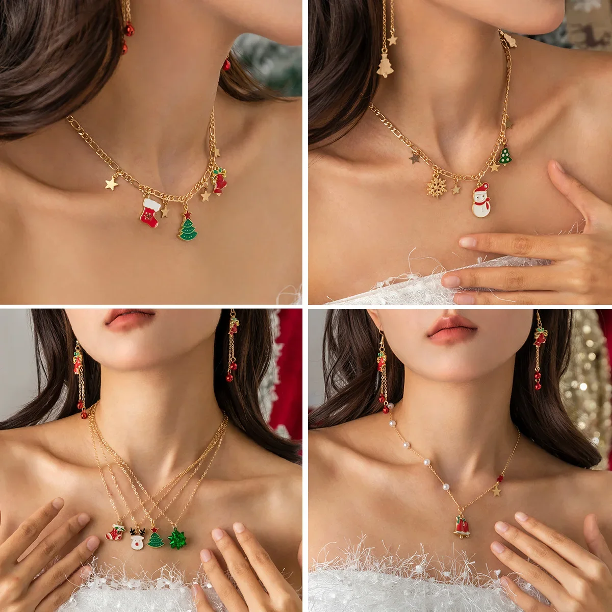 

Christmas Gift Jewellery Women Wholesale Snowman Jewelry Sets Aesthetic Necklaces Imitation Pearls Stainless Steel Tree Neck Elk