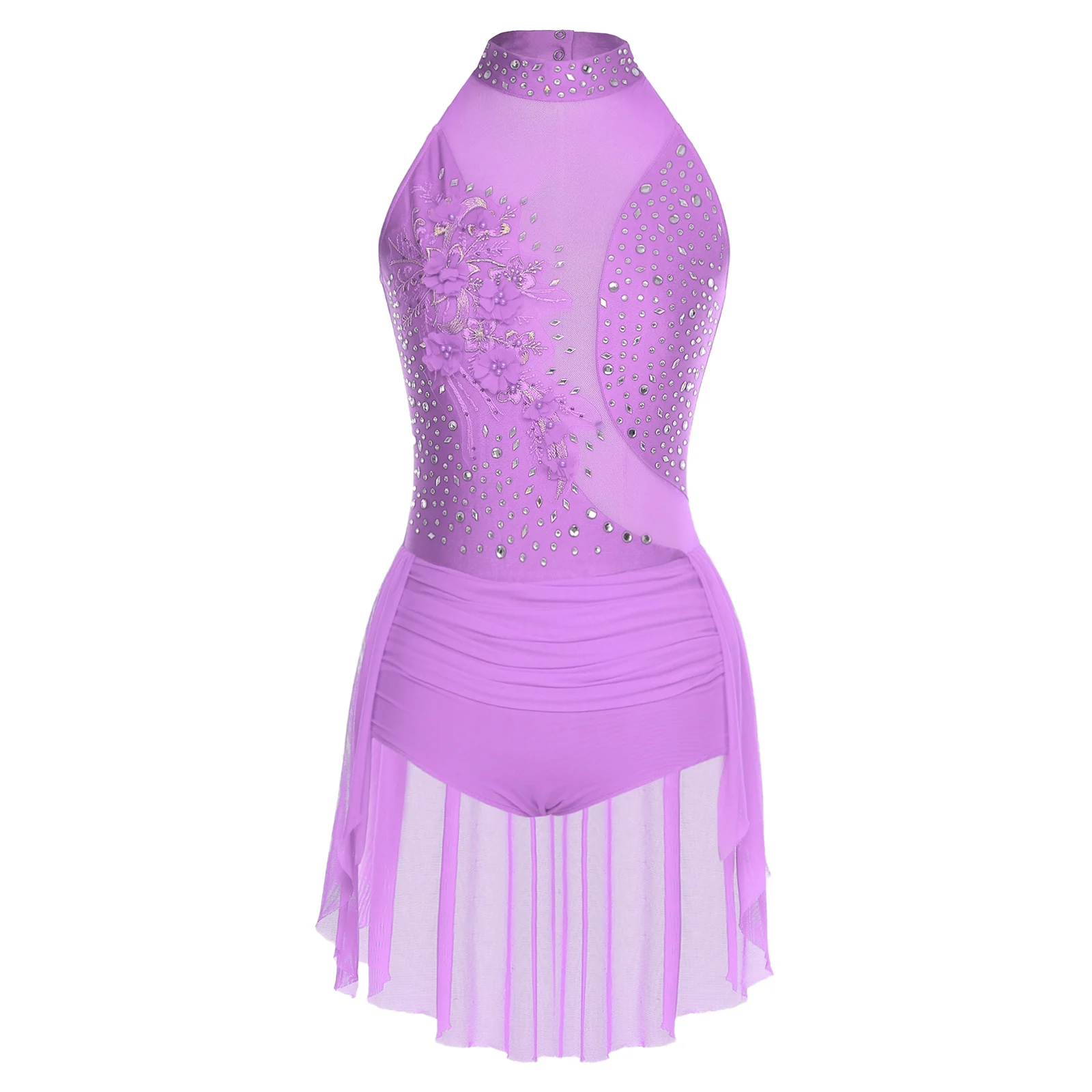 ผู้หญิงสเก็ตลีลาเต้นรํา Leotard แขนกุด Rhinestone Applique ตาข่ายบอดี้สูทโมเดิร์น Lyrical Latin Chacha ยิมนาสติกชุด