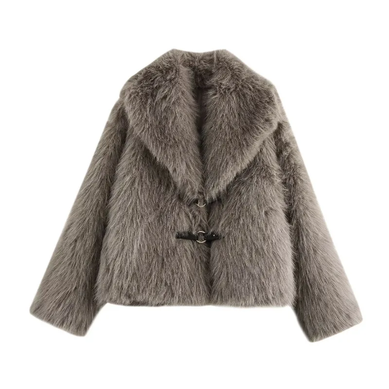 ผู้หญิงสีน้ําตาลPuเข็มขัดปุ่มFaux Fur Coatแฟชั่นTurn-Down Collarเสื้อแจ็คเก็ตสั้น 2024 ฤดูหนาวใหม่High Street Warm outwear