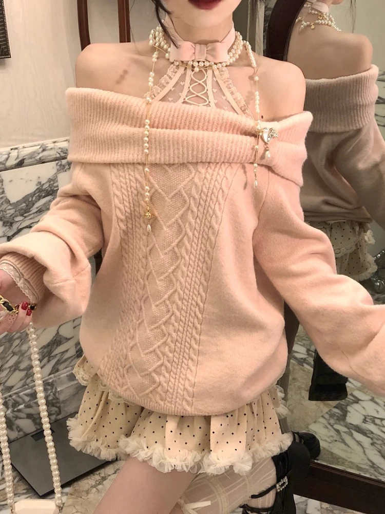 

Korean One Shoulder Bow Pink Sweater Autumn/Winter New Sexy Off Shoulder Y2K Knitted Top