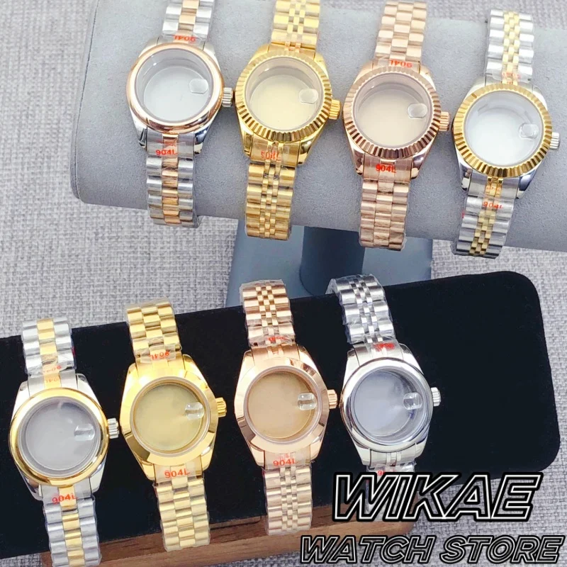 

28 мм двухцветный серебряный розовое золото NH05 женский корпус часов рифленый полированный наклон круглый безель сапфировое стекло водонепроницаемый механизм NH05