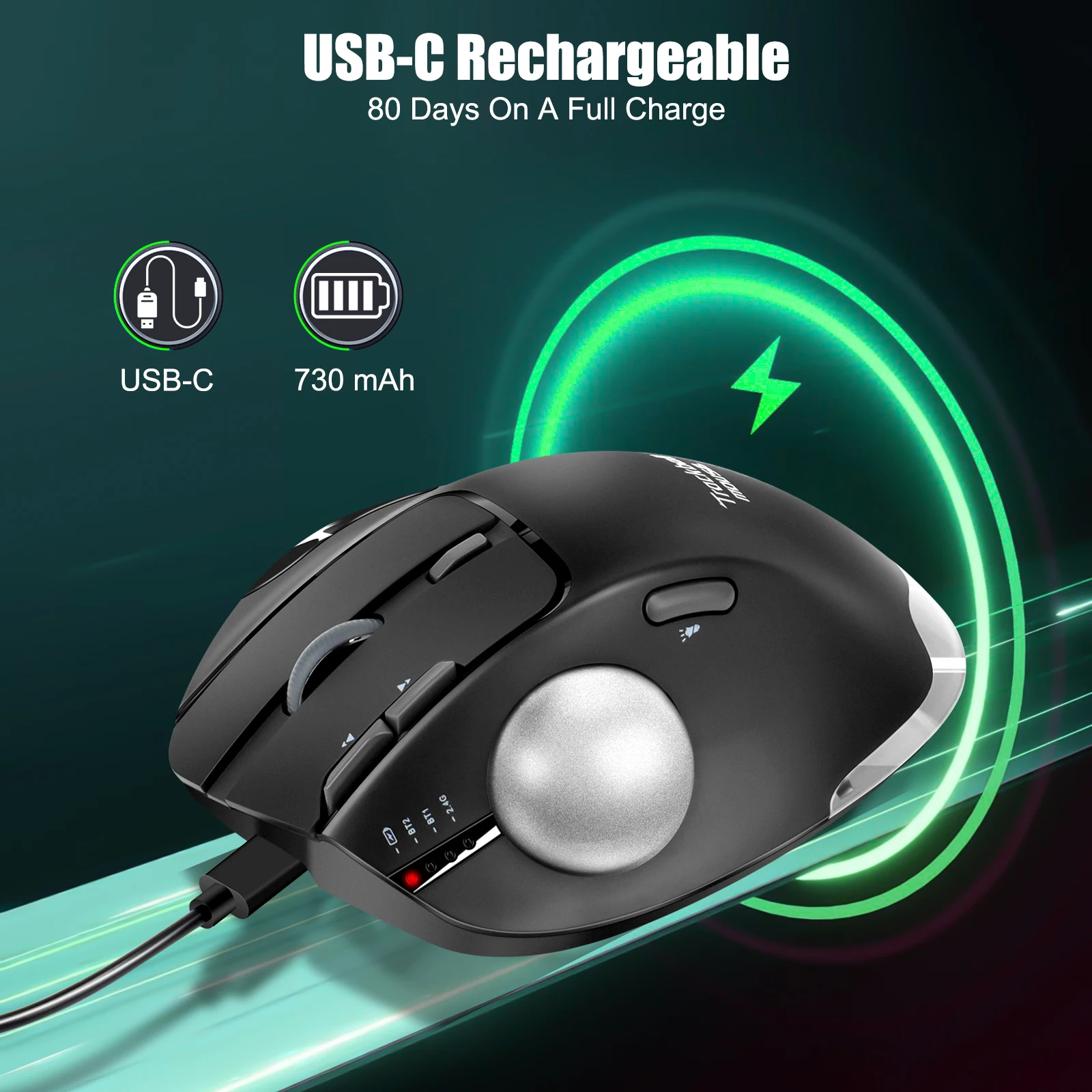 Imagem -02 - Ratos Rollerball Recarregáveis Ergonômicos Rgb 2.4g sem Fio Bluetooth Trackball Mouse para pc Computador Laptop Mac Ios Windows