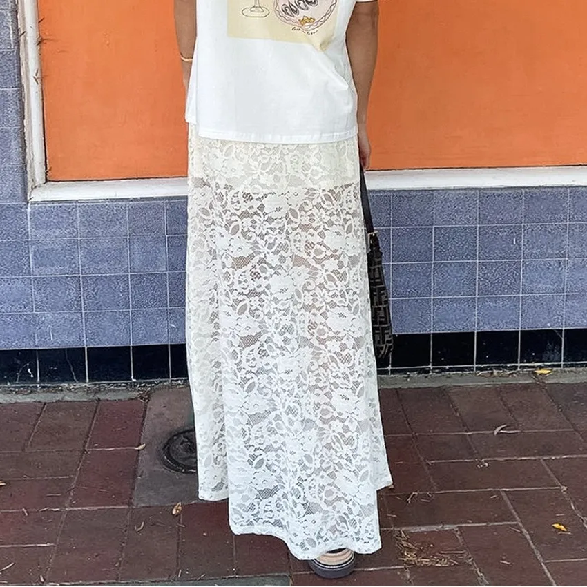 Seksowna biała koronkowa spódnica z wycięciami, z efektem prześwitu, z wysokim stanem, do pracy, w stylu Sle H, z poliestru, Ciwalk, odpowiednia dla kobiet w średnim wieku.