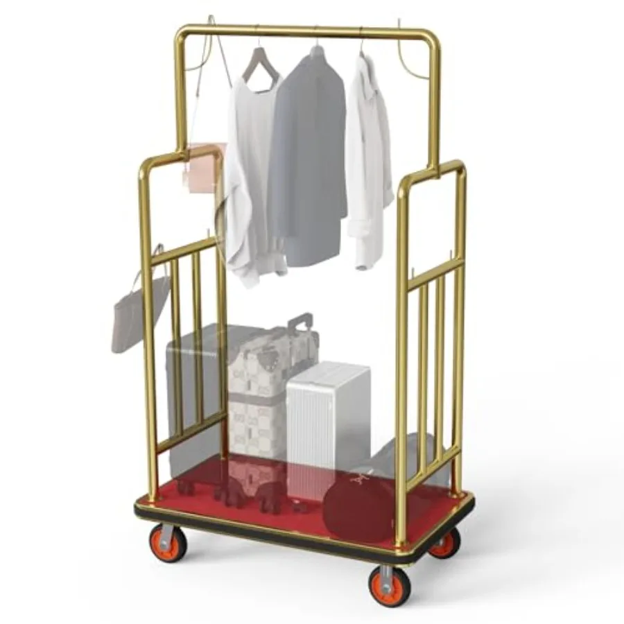 

Золотистая тележка для багажа 42x24 для отелей с защитным бортиком и 6 колесами, грузоподъемность до 850 фунтов, идеально подходит для гостей отелей и курортов