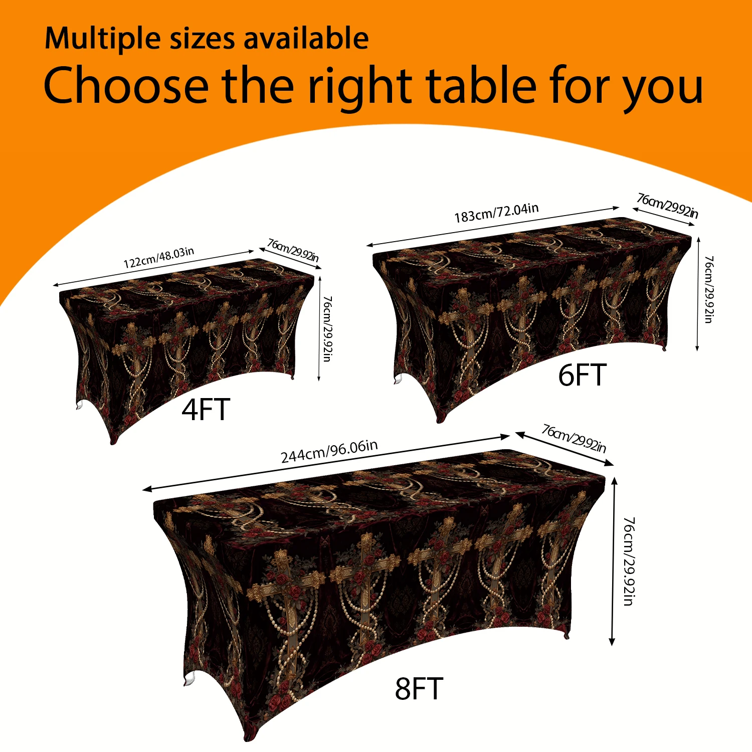 1PC Luxurious Black & Brown Base Gold Floral Cross Printed Fitted Tablecloth, 4/6/8FT Rectangular Elastic Tab