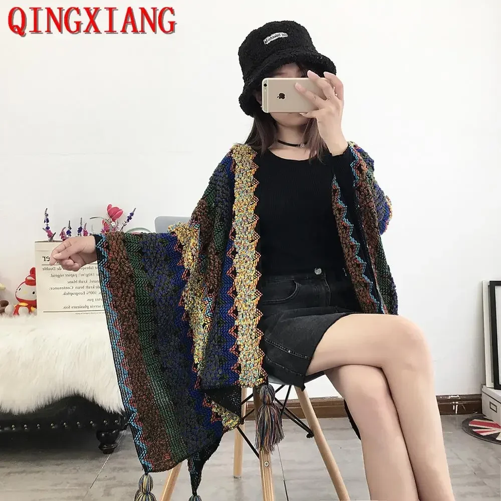 23 Colors Multicolor Oversize Autumn Poncho Cape Winter Women Knitted Cardigan Long Loose Shawl Vintage Thick Outstreet Knitwear