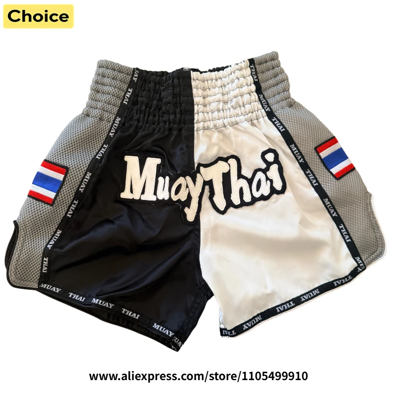 Schwarz-weiße Muay-Thai-Shorts mit Thailand-Flagge, Mesh-Einsatz, Satin-Kickbox-Shorts, elastischer Bund, MMA-Trainings-Boxshorts