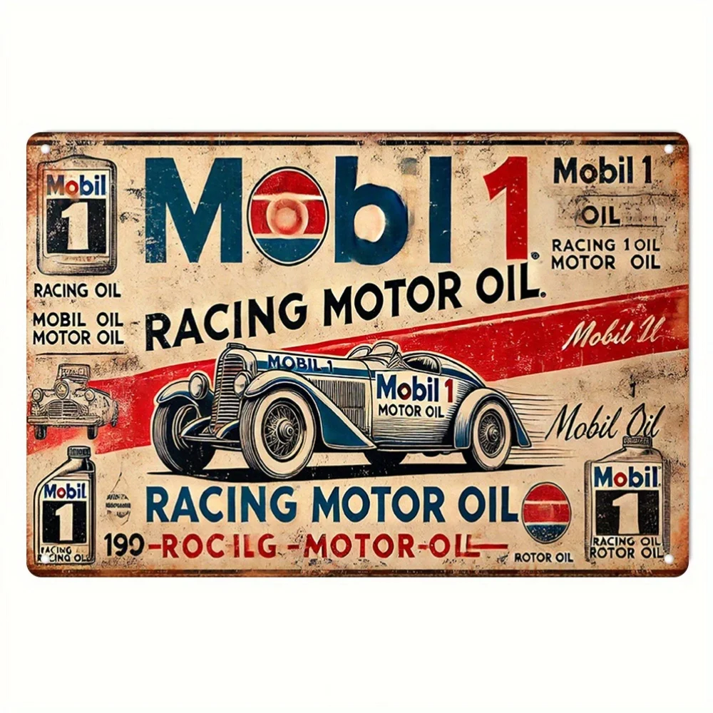 Vintage Mobil 1 Racing Motor Oil Metal Tin Sign, Retro Classic Car Iron Painting Wall Art, Rustic Garage Decorative Plaque for M