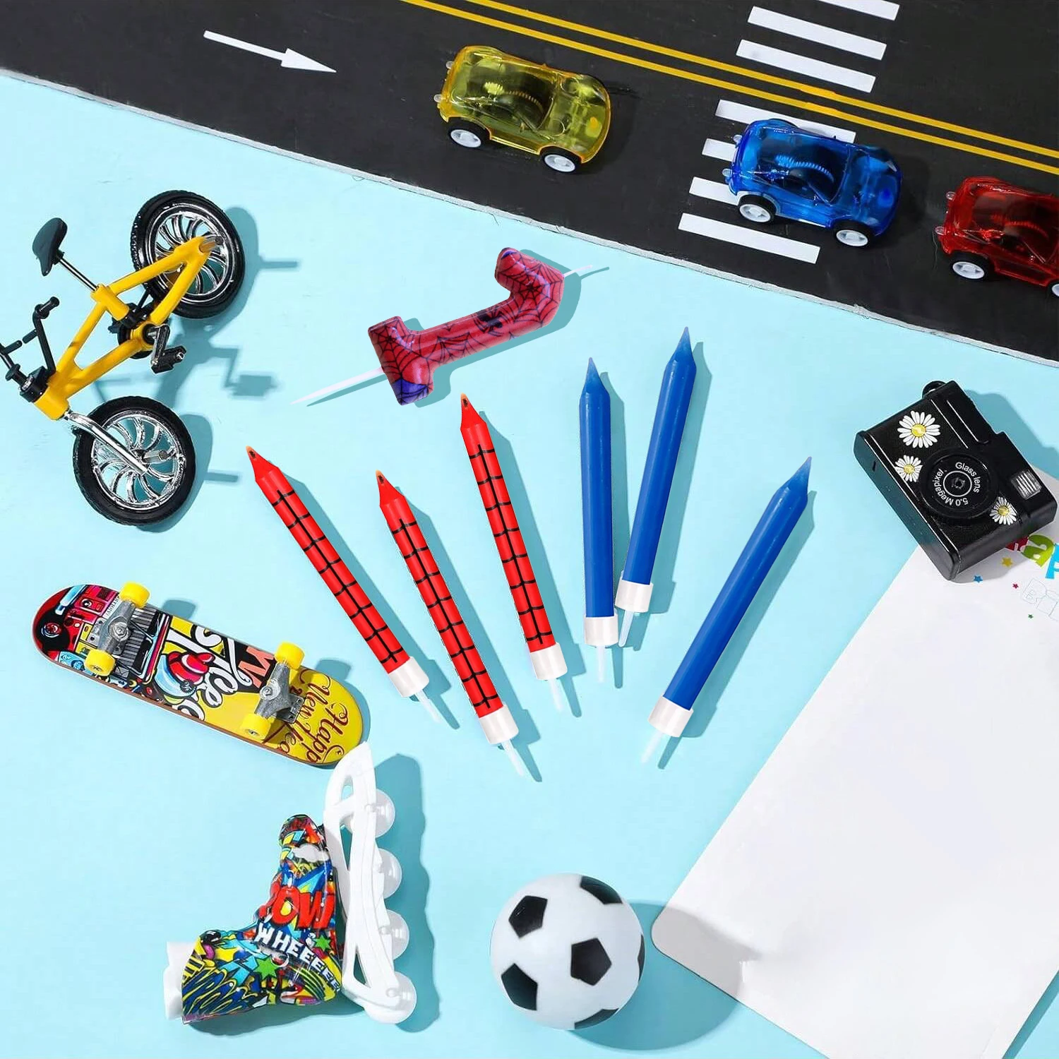 7pcs Red Blue Spider 4th Birthday Number Candles, Number 4 Candle Cake Topper Decorations for Spider Cartoon Themed Parties