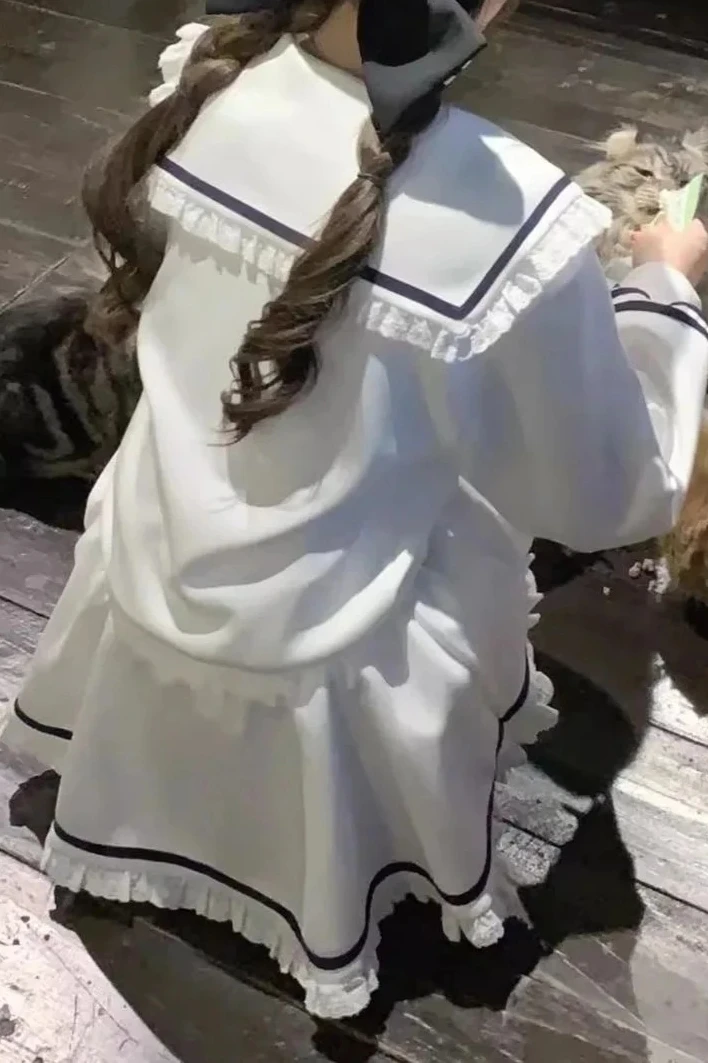 Branco doce menina jk uniforme terno estilo universitário gola marinha manga longa topo e cintura alta saia curta inchada conjunto de duas peças