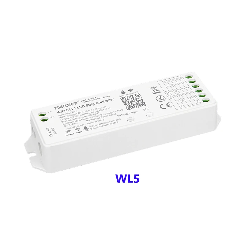 

Milight WL5 DC12~24V 6A/Channel WiFi-IEEE 802.11b/g/n 2.4GHz or 2.4G RF 5 IN 1 WiFi LED Controller