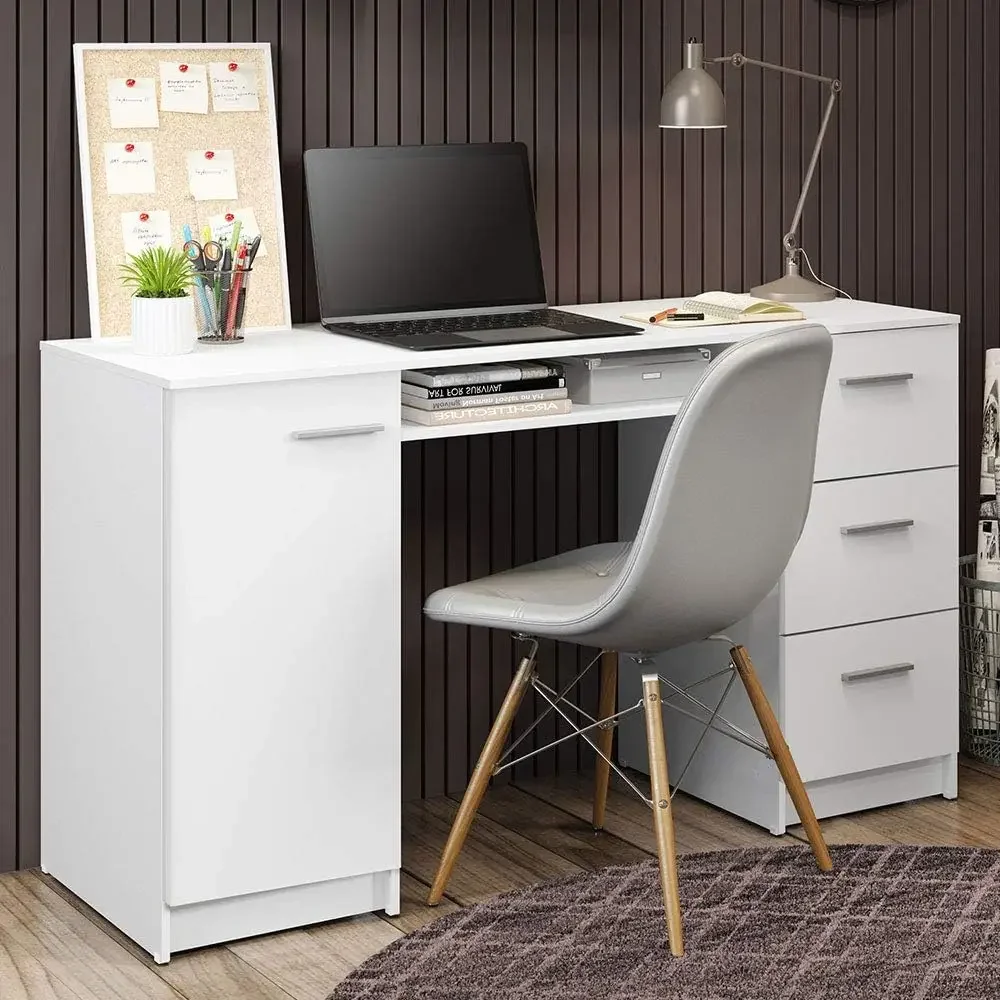 Modern Office Desk with Storage Drawers 53 inch, Study Desk for Home Office, Simple Style PC Table with 3 Drawers, 1 Door(White)