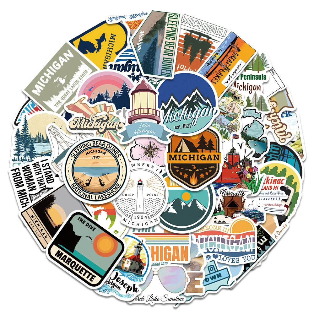 50pcs Travel Around The Michigan Stickers PVC Waterproof Stickers for Water Bottle Notebook Laptop Luggage Suitcases Kids Gifts