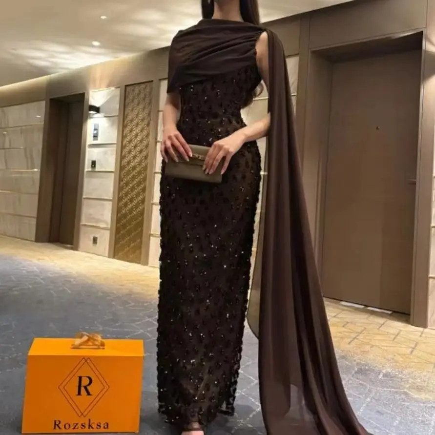 Women Dresses Chocolate Mermaid Evening Dresses Chiffon Cape Beaded 3D Floral Appliques Floor Length Formal Party Gowns
