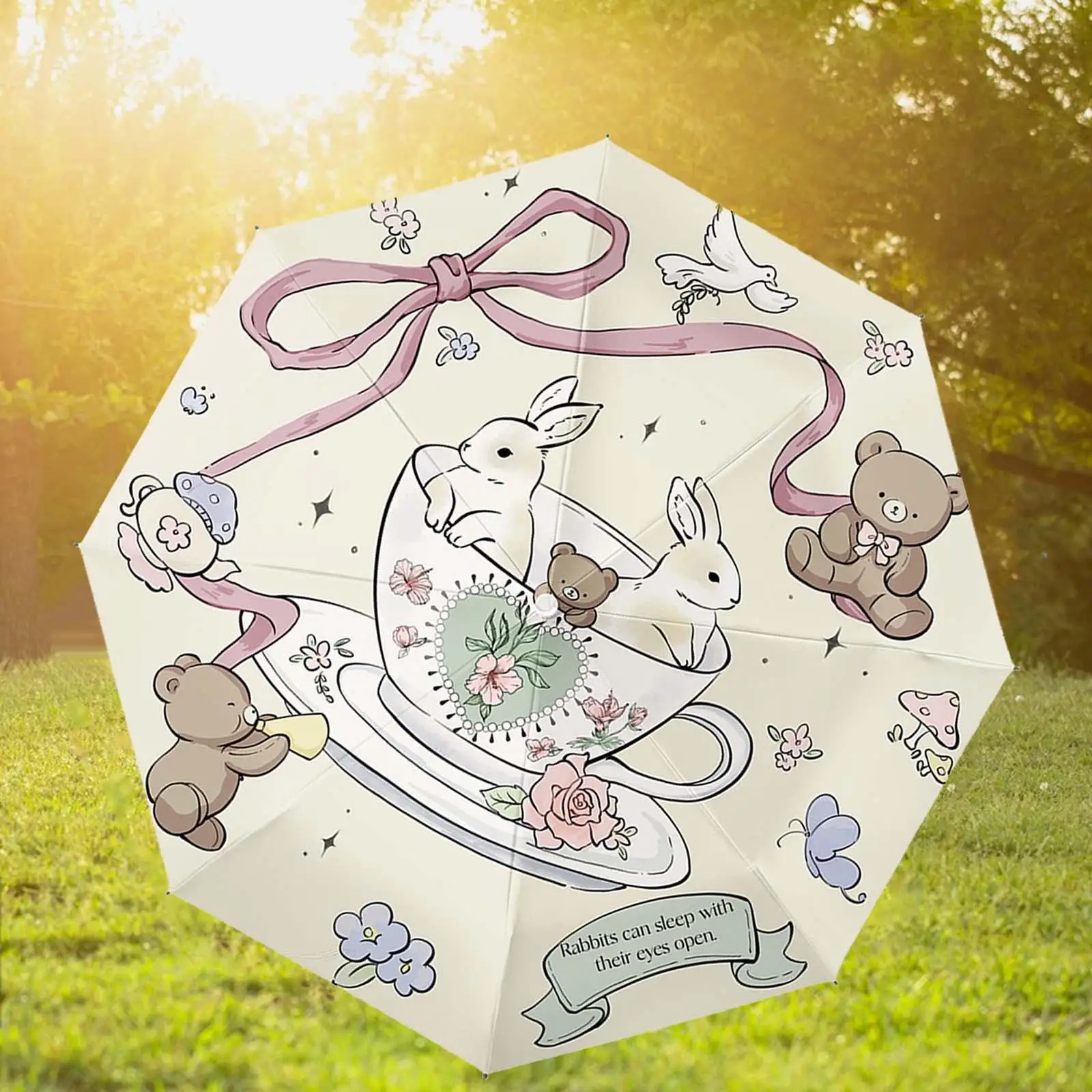 Folding Umbrella Cartoon Rabbit Compact Travel Sun Rain Umbrella Small Cute Portable Umbrella for Girls Kids