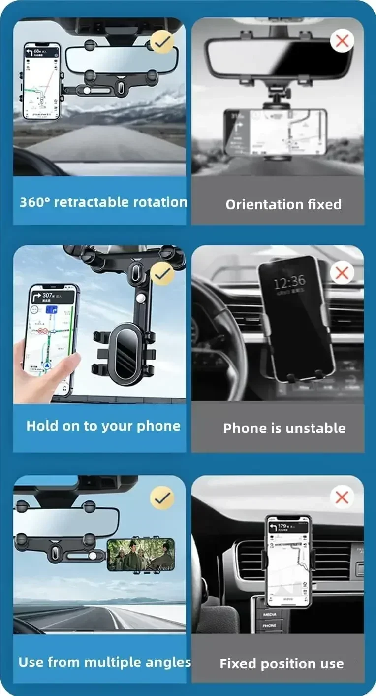 360° Car Rearview Mirror Mobile Phone Holder For Car Rotation & Adjustable Telescopic Multifunctional Phone Car Bracket Stands