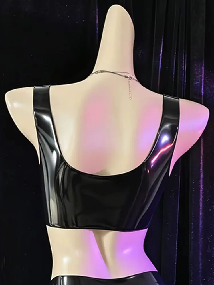 Wet Look Latex Tank Crop Top Hollow Out Bustier Tops Tights Elastic Gym Fitness Cropped Bikini Camis Vest Croptop Camisole Shirt view 3