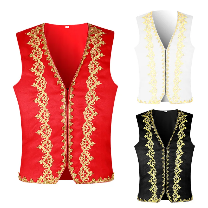 Vintage Medieval Gold Embroidery Baroque Vest Men Palace Prince Waistcoat Stage Prom Drama Opera Costume