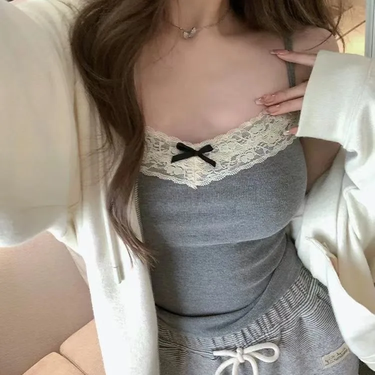Grey Lace Trim Camisole Tank Top Women's Short Style Inner And Outer Wear Slim Fit Design Unique Female Nylon Fabric
