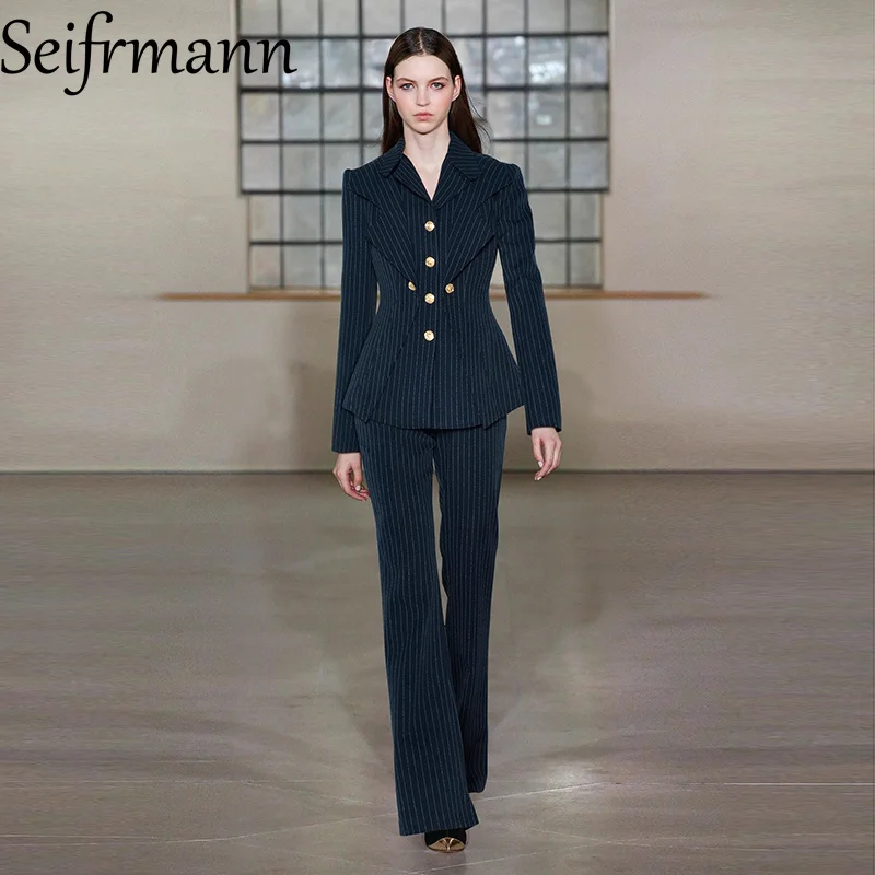 Seifrmann 2026 Spring Women's New Fashion Collar Long Sleeve Single breasted Suit Coat+Wide Leg Pants Two Piece Set