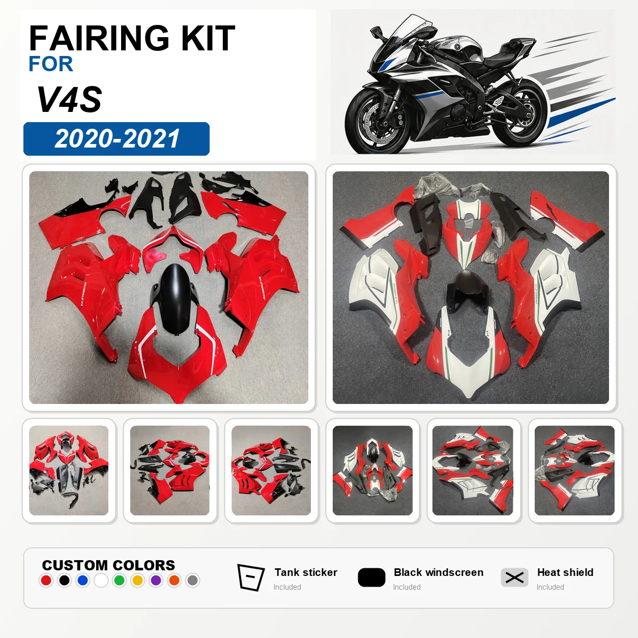 For V4S 2020 2021 Full Fairing Kit ABS Plastic Custom Painted Fairings Replacement Bodywork Cowl Glossy Finish Red White