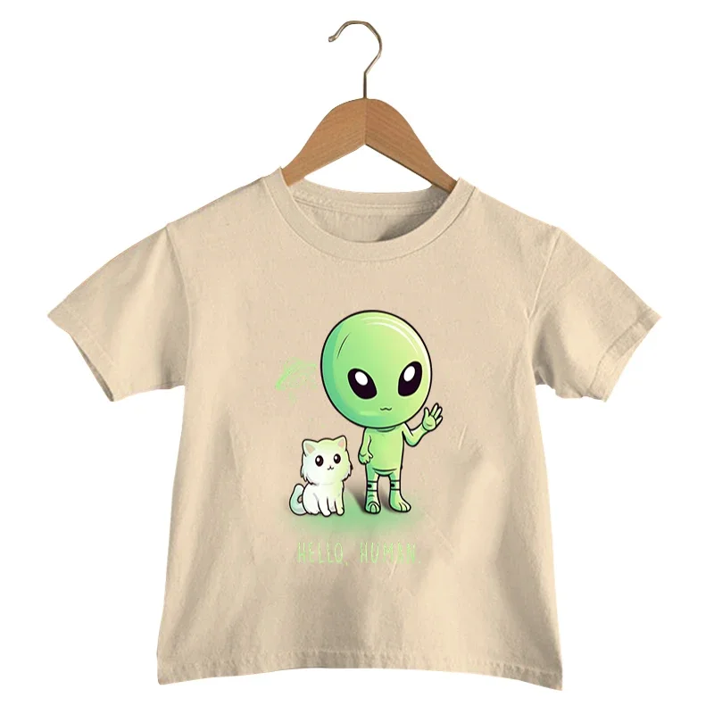 Hello Human Print T Shirt Baby Boys Funny Alien UFO T-shirt Cute Cat Graphics Kids Clothes Girls Harajuku Summer Streetwear Top