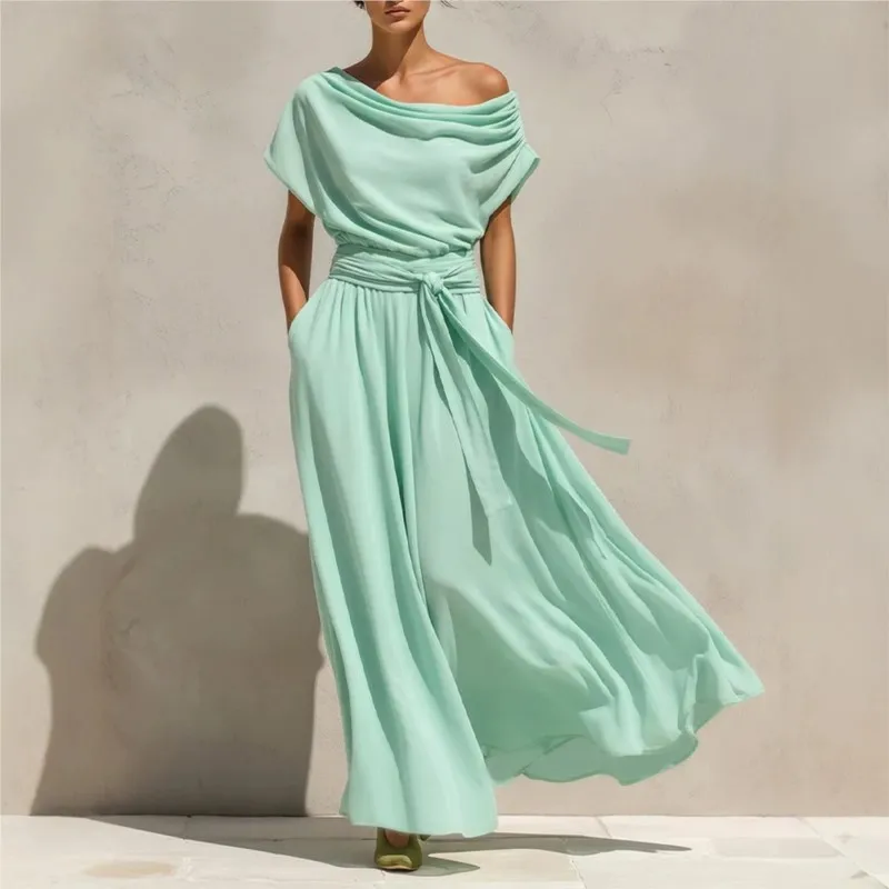 Sexy Sloping Collar Woman's Dress Summer Fashion Solid Color High Waist Loose Fit Big Hem Dresses Ladies Elegant Office Vestidos