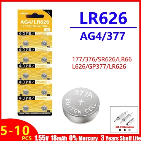 5-10PCS AG4 LR626 1.55V Alkaline Watch Battery 377 SR626 177 626A 377A CX66W For Toy Calculator Car Key Clock Button Cell