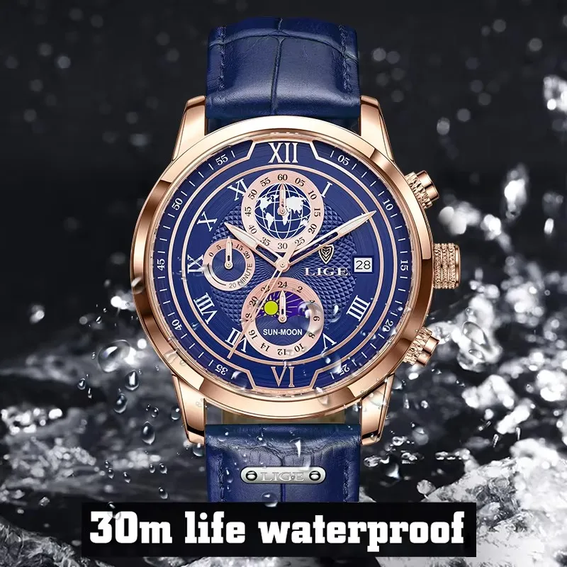 LIGE Orologi da uomo Orologio da uomo in pelle blu di lusso delle migliori marche per uomo Cronografo militare al quarzo impermeabile Montre Homme + scatola