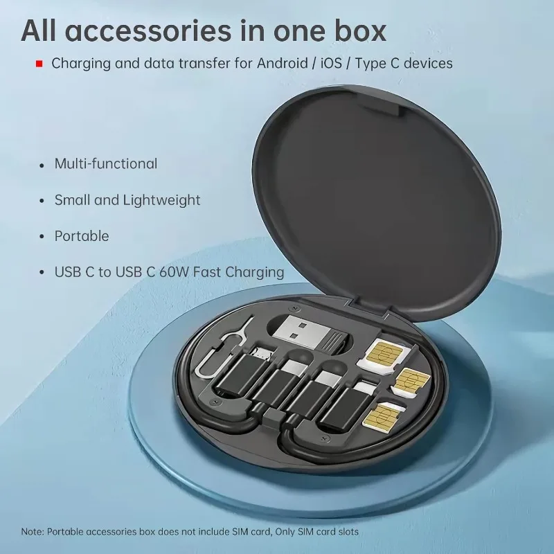 5-in-1 Magnetic Portable Multifunctional Data Cable Storage Box ，PD 60W Charging Data Cable Sim Card Tray Eject Tool and Slots