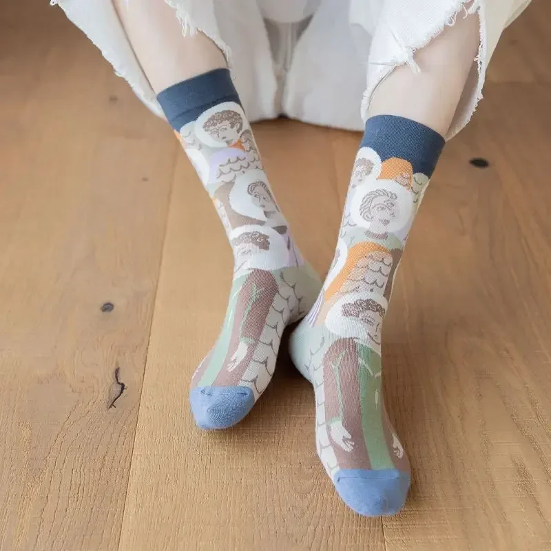 Fashion Women\'s Socks Harajuku Cotton Retro Art Funny Kawaii Oil Painting Landscape Sunflower Dinosaur Sock for Christmas Gift