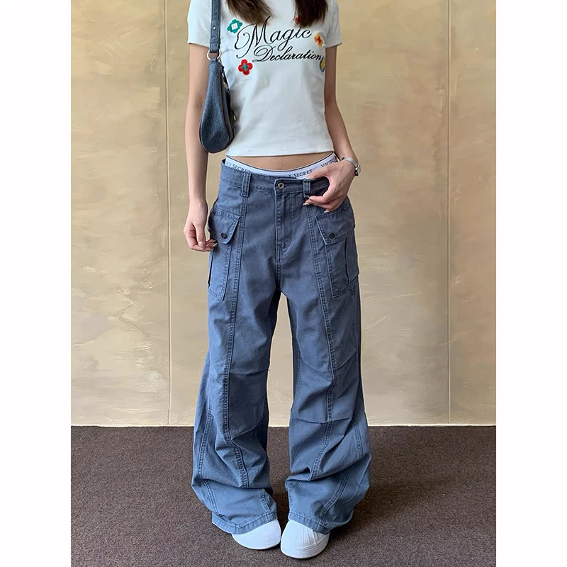 

Женские винтажные синие мешковатые джинсы Y2k, осень 202, Harajuku, джинсовые брюки большого размера, эстетические брюки-бойфренды 2000-х годов, одежда