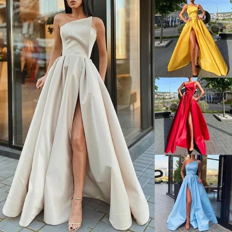 European and American Women\'s One-shoulder Tube Top Dress Long Skirt Sexy Slit Dress White Dress  Summer Dress