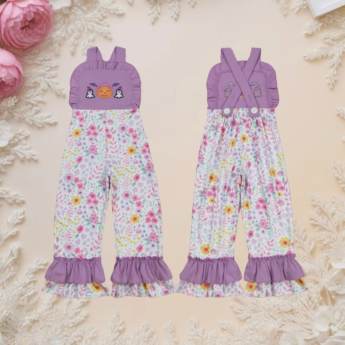 

Toddler Girl Floral Ruffle Jumpsuit Embroidery Halloween Pumpkin Ghost Clothes Sleeveless Suspender Pants Cute Fall Clothing